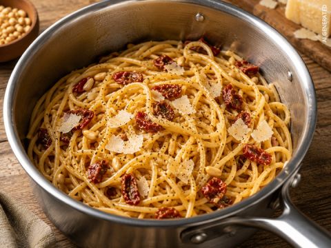 Eine Pfanne mit Spaghetti mit sonnengetrockneten Tomaten, gehobeltem Parmesan, Pinienkernen und schwarzem Pfeffer steht auf einem Holztisch, daneben eine Schale mit Pinienkernen und Käse.