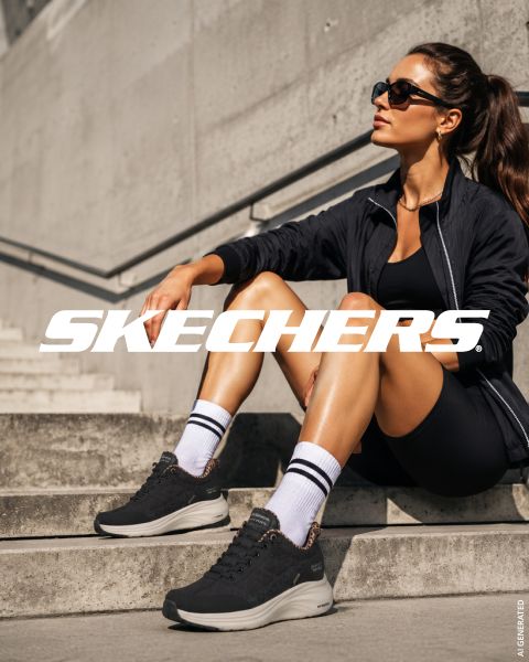 Eine Frau in Sportkleidung und mit Sonnenbrille sitzt auf einer Freitreppe und trägt schwarze Skechers-Sneaker. Das Skechers-Logo ist quer über das Bild zu sehen.