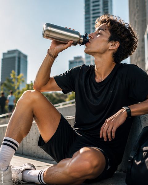 Ein junger Mann in Sportkleidung sitzt draußen auf einer Betonstufe, trinkt aus einer Metalltrinkflasche, im Hintergrund sind hohe Gebäude zu sehen.