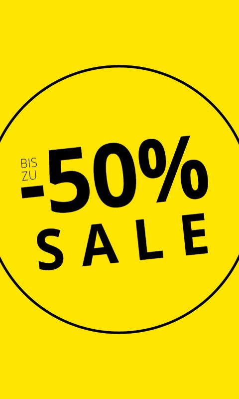 Gelber Hintergrund mit schwarzem Text: „BIS ZU –50 % RABATT“ in einem schwarz umrandeten Kreis, was auf einen Rabatt von bis zu 50 % hinweist.