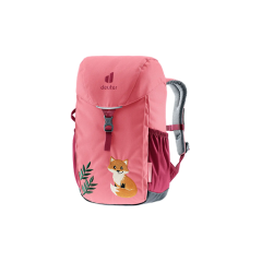 Rosa Kinderrucksack mit einem niedlichen Fuchs- und Blattmotiv, Seitentaschen und grauen, verstellbaren Trägern, dargestellt auf einem weißen, runden Hintergrund.
