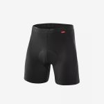 Schwarze, gepolsterte Radhose mit einem roten Etikett am Bund, abgebildet vor einem schlichten weißen Hintergrund.