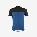 Kurzärmeliges Radtrikot mit schwarzem Oberteil und blauem Unterteil, Reißverschluss vorne und einem kleinen Logo auf der linken Brust.