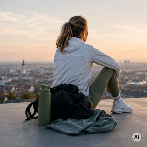 Eine Frau in Sportkleidung sitzt auf einem Sims mit Blick auf die Stadt bei Sonnenuntergang; neben ihr liegen ein Rucksack, eine Jacke und eine Wasserflasche.