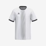 Weißes Sporttrikot mit kurzen Ärmeln, schwarzem Kragen und schwarzen Ärmelbündchen, grauen Längsstreifen und einem Erima-Logo auf der linken Brust.