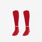 Ein Paar lange rote Sportsocken mit der Aufschrift „JAKO“ in weißer Schrift im Knöchelbereich, dargestellt auf einem schlichten weißen Hintergrund.