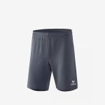Graue Sportshorts mit elastischem Bund und dem Erima-Logo, das am unteren Saum des linken Beins auf weißem Hintergrund aufgedruckt ist.
