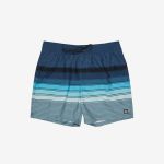 Blaue Badehose mit horizontalen Streifen in verschiedenen Blautönen und einem Kordelzug am Bund.
