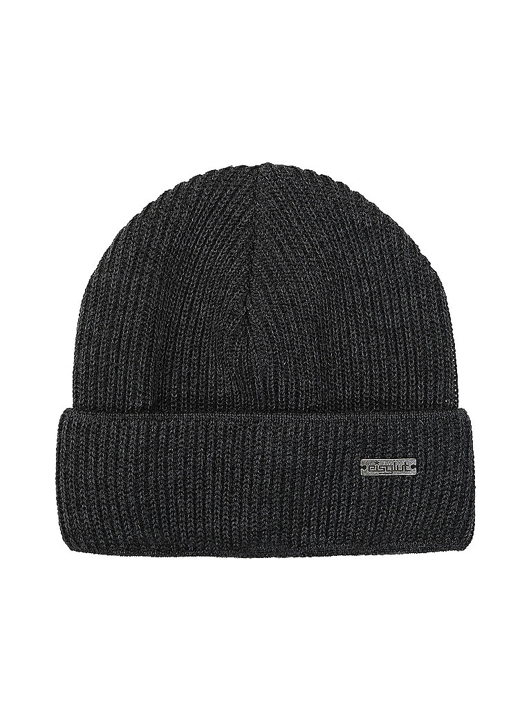 eisglut Mütze Umschlagbund Metalllogo Merinowolle grau