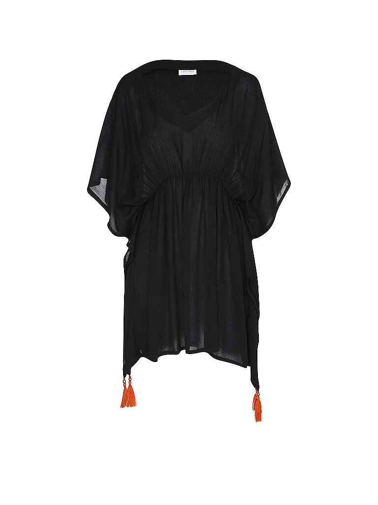 Lascana Tunika V-Ausschnitt Quasten Kurze Ärmel Elastischer Bund Saum Schwarz