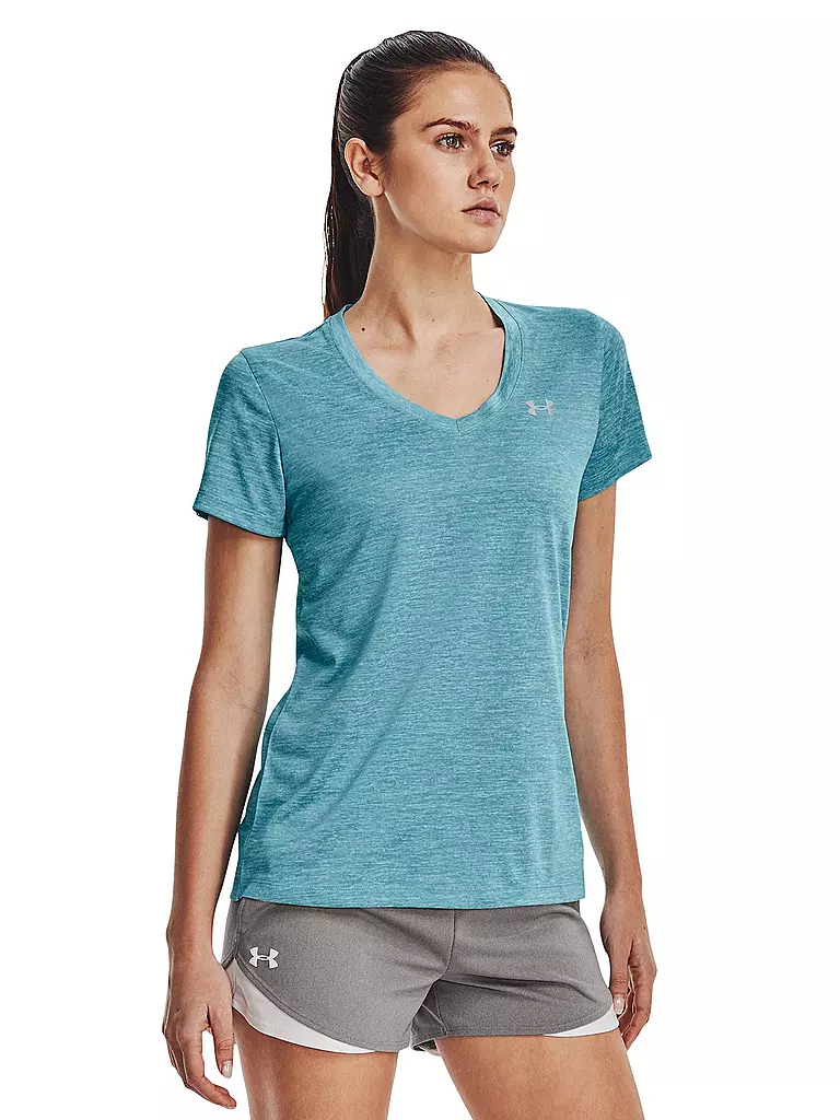 UNDER ARMOUR | Damen Fitnessshirt UA Tech™ Oberteil mit Twist-Effekt und V-Ausschnitt | hellblau