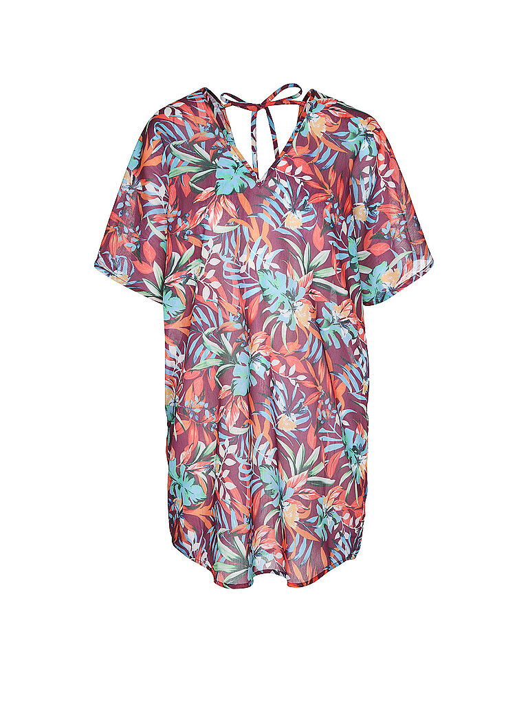 VENICE BEACH Tunika V-Ausschnitt Bindeband Nacken Kurze Ärmel Allover Print Transparent Polyester Rot